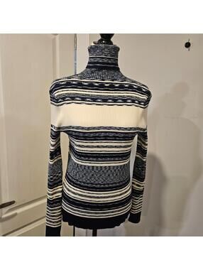 Tory Burch Ribbed Turtleneck Sweater Cream Navy Stripe Size Small